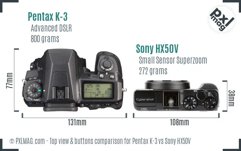 Pentax K-3 vs Sony HX50V top view buttons comparison Pentax K-3 vs Sony HX50V top view buttons comparison