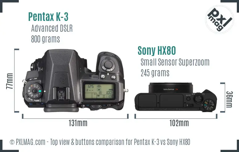 Pentax K-3 vs Sony HX80 top view buttons comparison