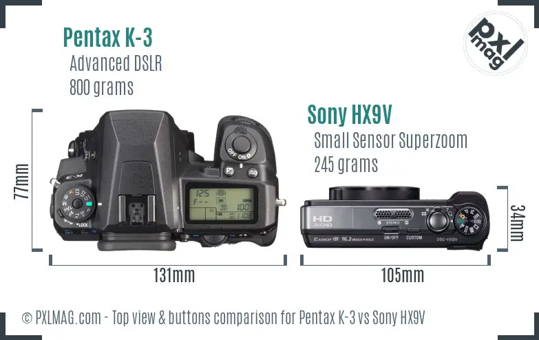 Pentax K-3 vs Sony HX9V top view buttons comparison