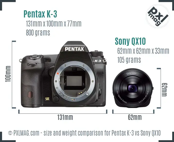 Pentax K-3 vs Sony QX10 size comparison