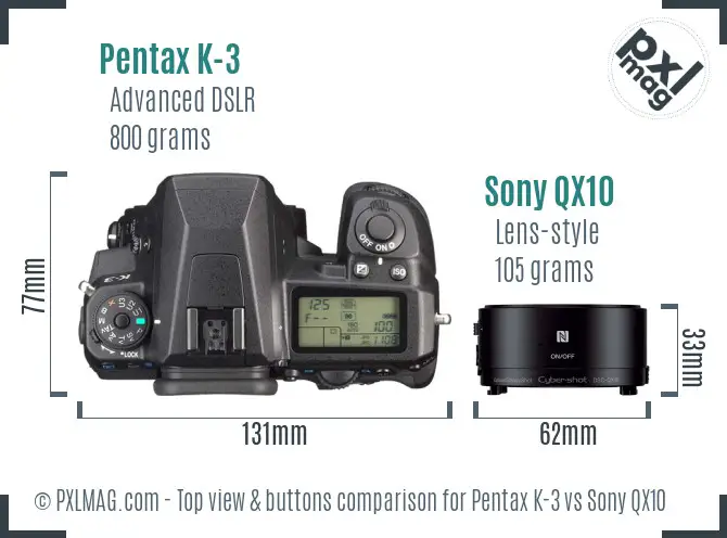 Pentax K-3 vs Sony QX10 top view buttons comparison