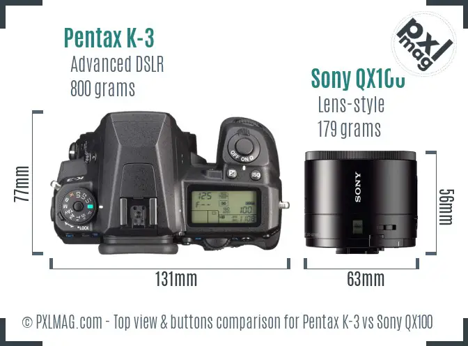 Pentax K-3 vs Sony QX100 top view buttons comparison Pentax K-3 vs Sony QX100 top view buttons comparison