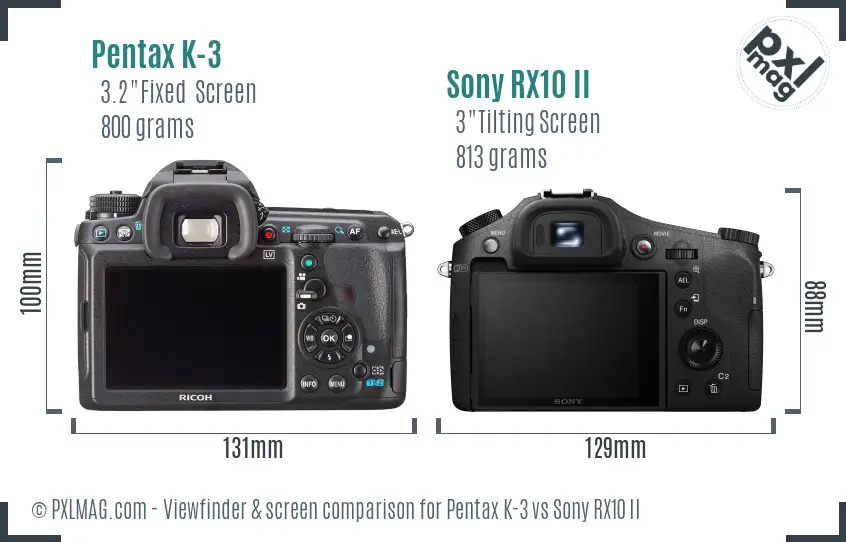 Pentax K-3 vs Sony RX10 II Screen and Viewfinder comparison