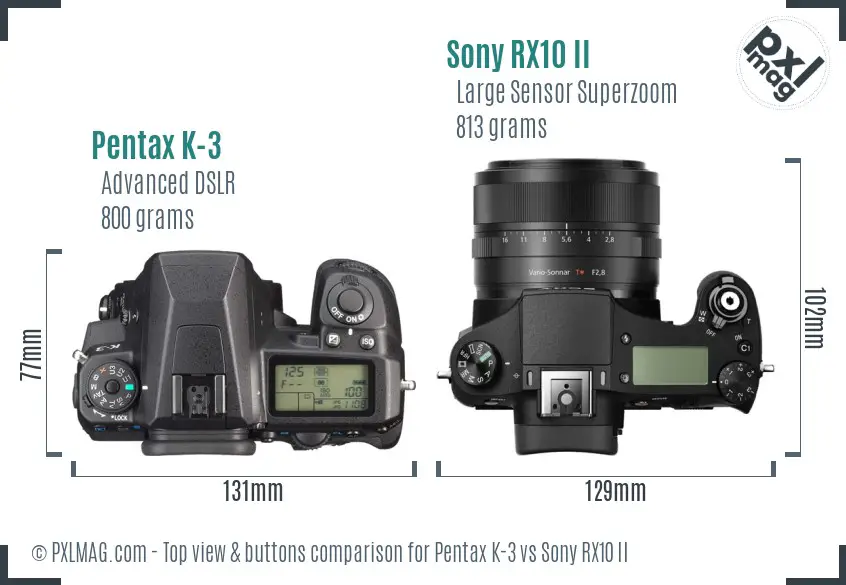 Pentax K-3 vs Sony RX10 II top view buttons comparison