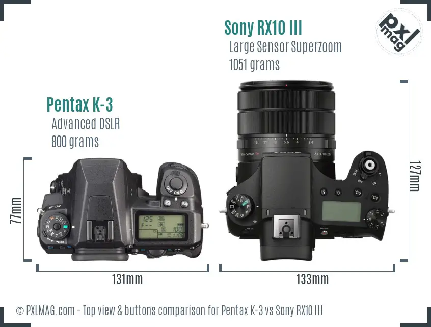 Pentax K-3 vs Sony RX10 III top view buttons comparison