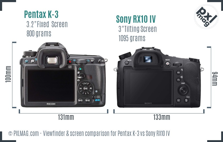 Pentax K-3 vs Sony RX10 IV Screen and Viewfinder comparison