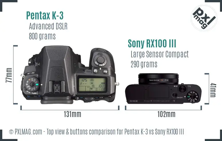 Pentax K-3 vs Sony RX100 III top view buttons comparison Pentax K-3 vs Sony RX100 III top view buttons comparison
