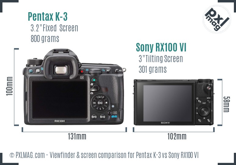 Pentax K-3 vs Sony RX100 VI Screen and Viewfinder comparison