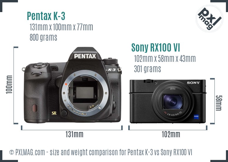 Pentax K-3 vs Sony RX100 VI size comparison