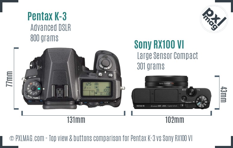 Pentax K-3 vs Sony RX100 VI top view buttons comparison
