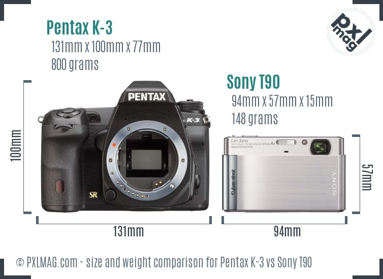 Pentax K-3 vs Sony T90 size comparison