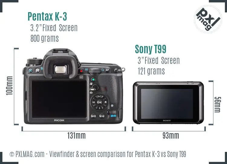 Pentax K-3 vs Sony T99 Screen and Viewfinder comparison