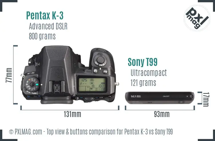 Pentax K-3 vs Sony T99 top view buttons comparison