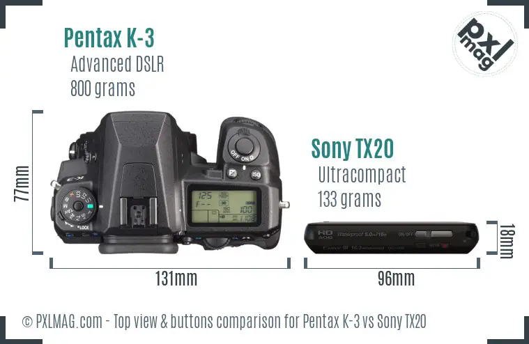 Pentax K-3 vs Sony TX20 top view buttons comparison