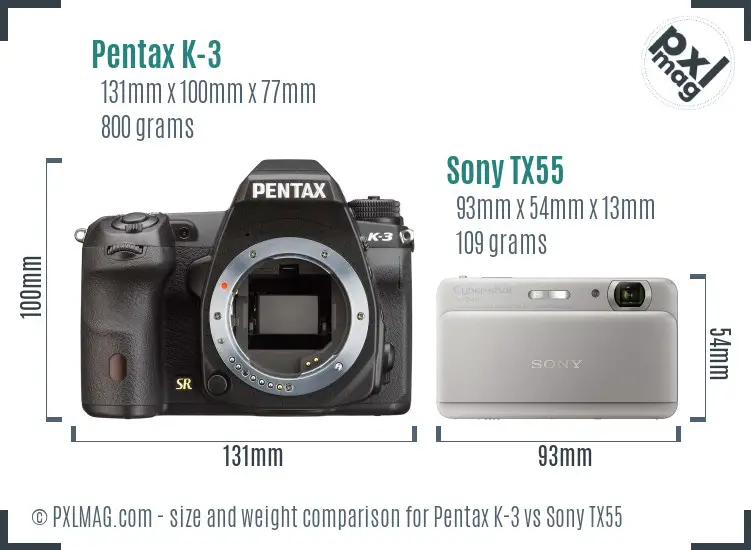 Pentax K-3 vs Sony TX55 size comparison