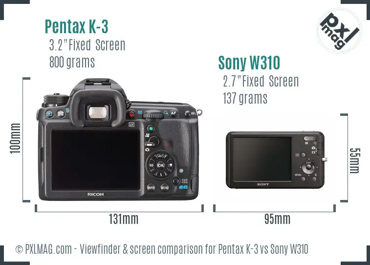 Pentax K-3 vs Sony W310 Screen and Viewfinder comparison