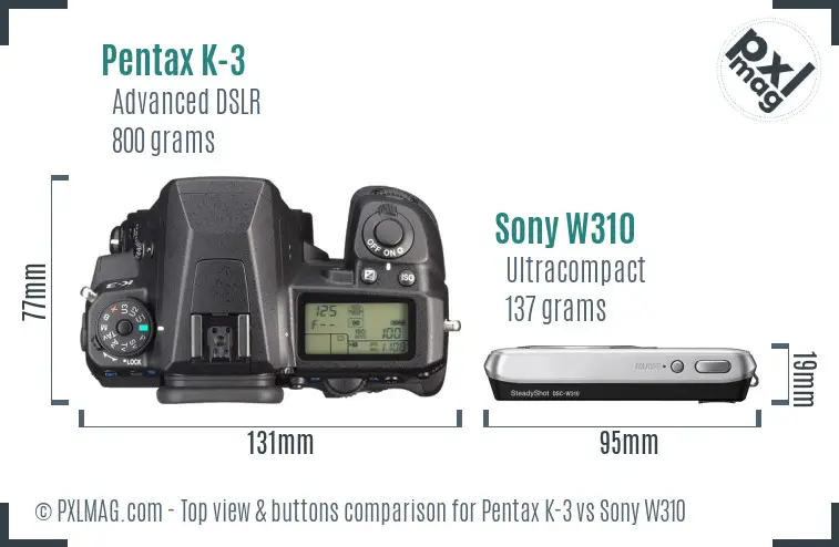 Pentax K-3 vs Sony W310 top view buttons comparison