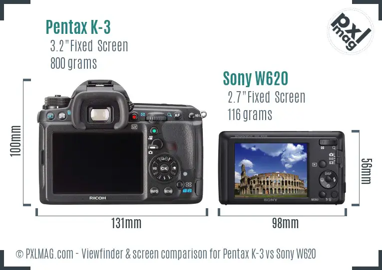 Pentax K-3 vs Sony W620 Screen and Viewfinder comparison