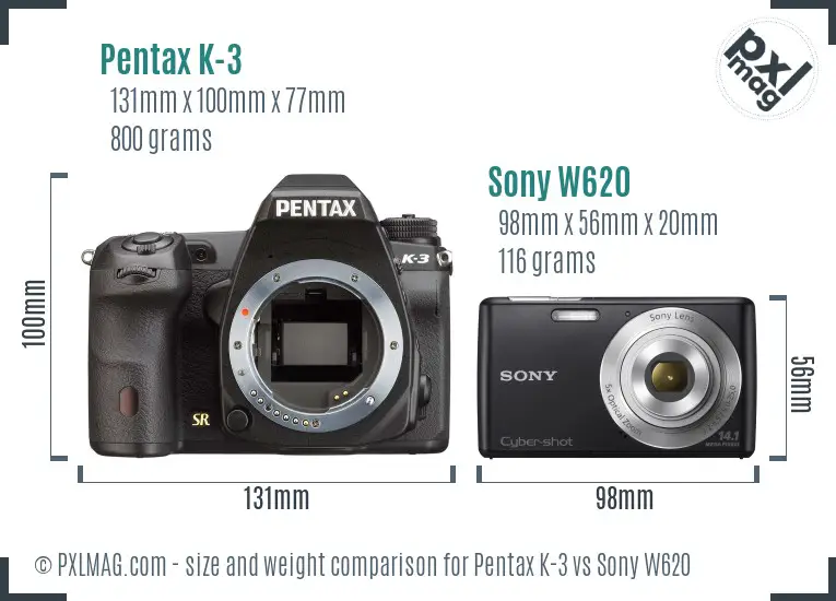 Pentax K-3 vs Sony W620 size comparison