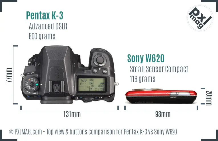 Pentax K-3 vs Sony W620 top view buttons comparison