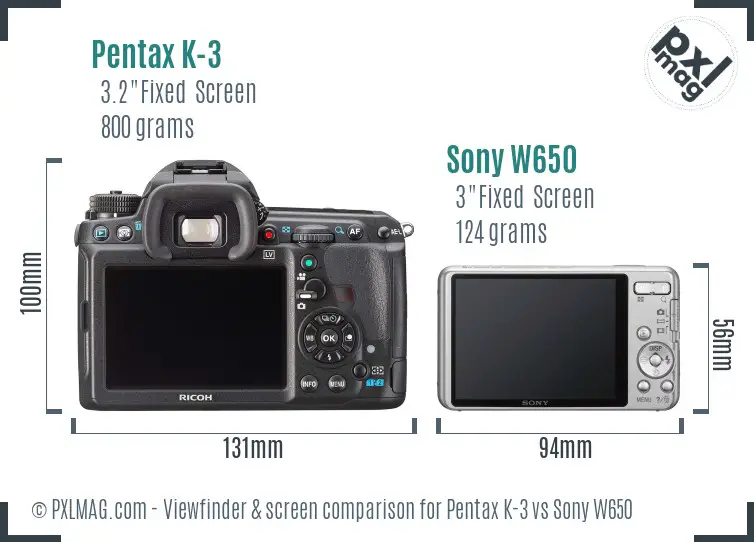 Pentax K-3 vs Sony W650 Screen and Viewfinder comparison