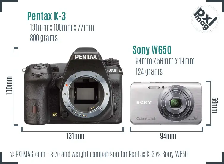 Pentax K-3 vs Sony W650 size comparison