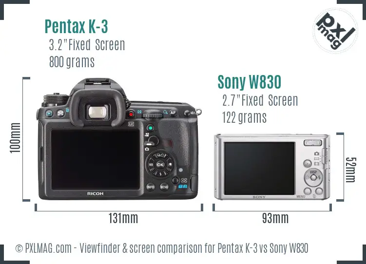 Pentax K-3 vs Sony W830 Screen and Viewfinder comparison