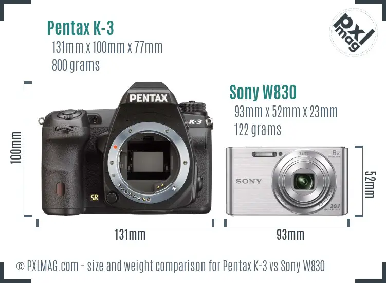 Pentax K-3 vs Sony W830 size comparison