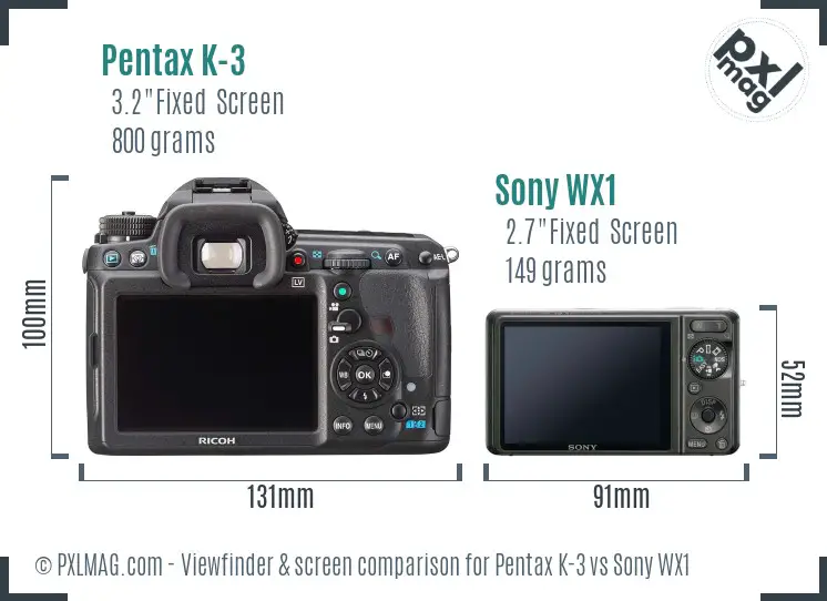 Pentax K-3 vs Sony WX1 Screen and Viewfinder comparison Pentax K-3 vs Sony WX1 Screen and Viewfinder comparison
