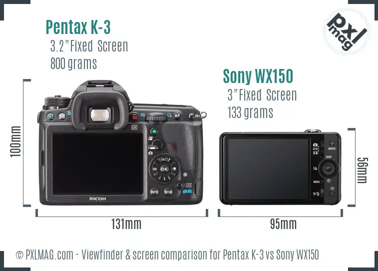 Pentax K-3 vs Sony WX150 Screen and Viewfinder comparison