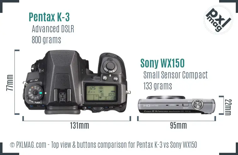 Pentax K-3 vs Sony WX150 top view buttons comparison