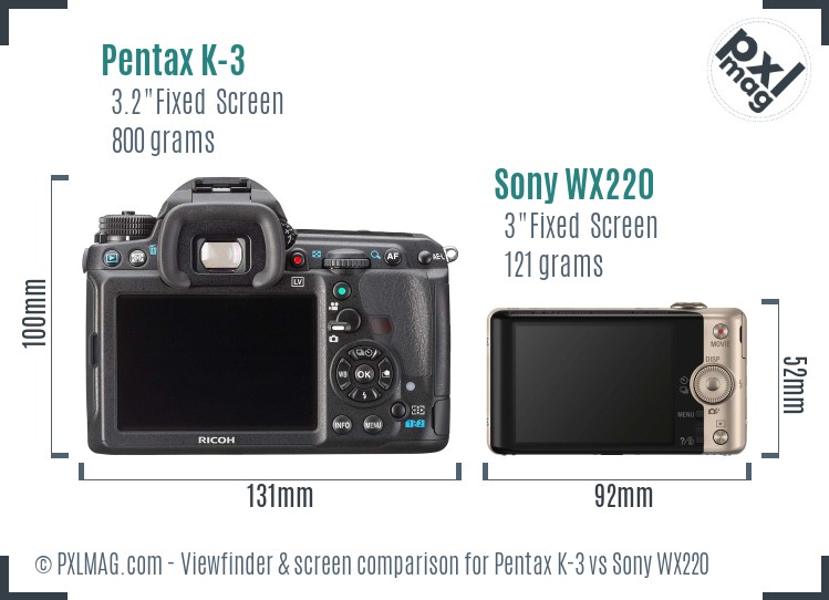 Pentax K-3 vs Sony WX220 Screen and Viewfinder comparison