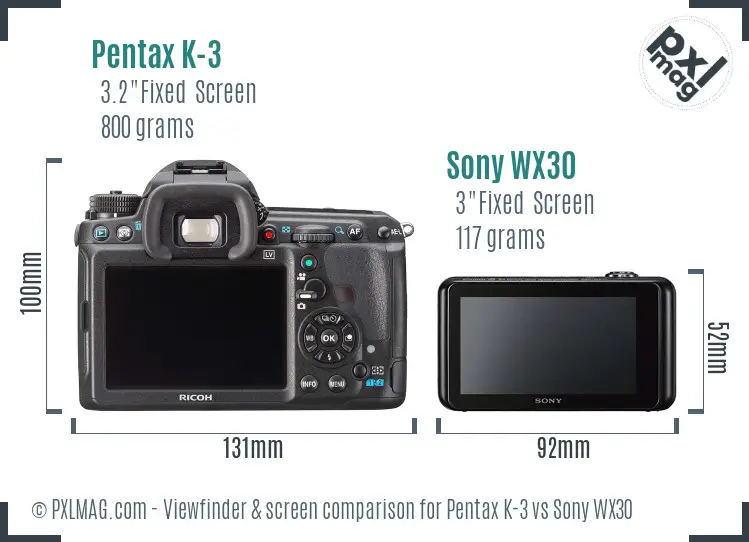 Pentax K-3 vs Sony WX30 Screen and Viewfinder comparison