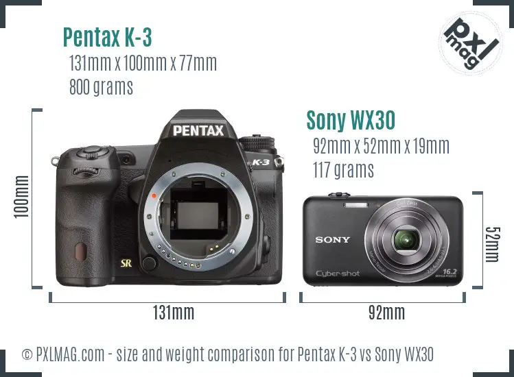 Pentax K-3 vs Sony WX30 size comparison