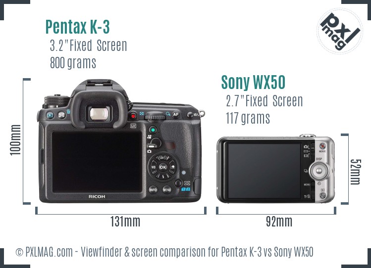 Pentax K-3 vs Sony WX50 Screen and Viewfinder comparison