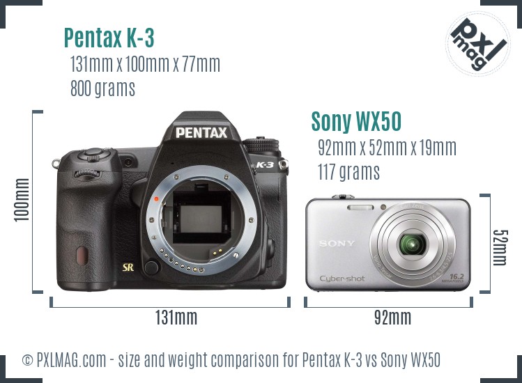 Pentax K-3 vs Sony WX50 size comparison
