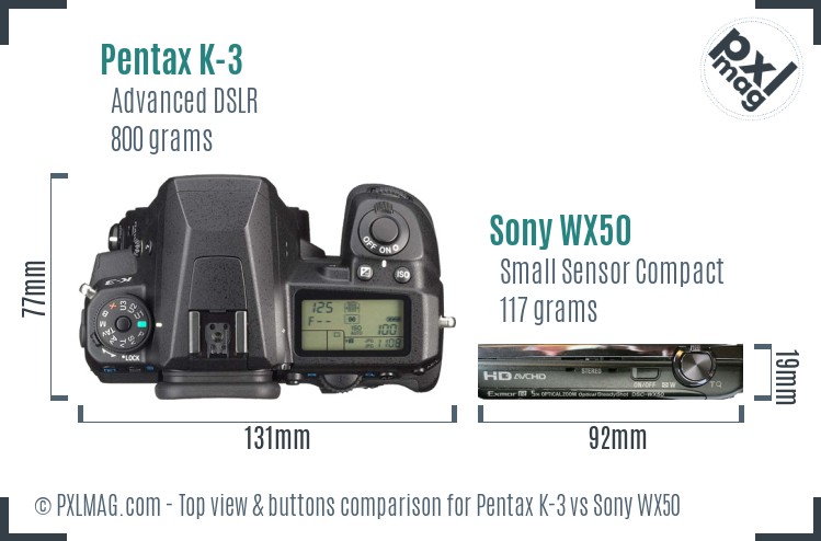 Pentax K-3 vs Sony WX50 top view buttons comparison