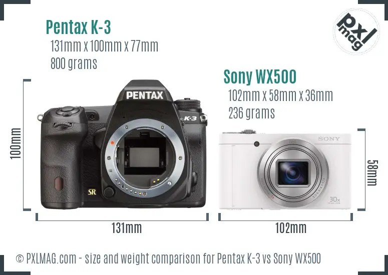 Pentax K-3 vs Sony WX500 size comparison