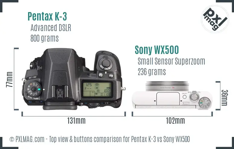 Pentax K-3 vs Sony WX500 top view buttons comparison