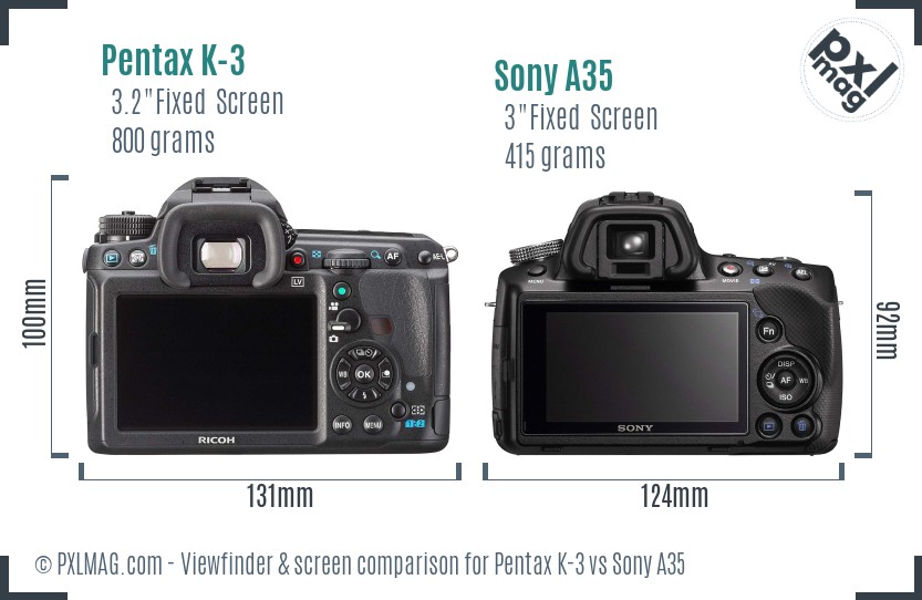 Pentax K-3 vs Sony A35 Screen and Viewfinder comparison