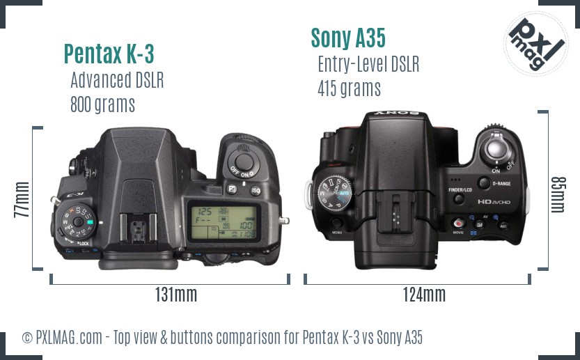 Pentax K-3 vs Sony A35 top view buttons comparison