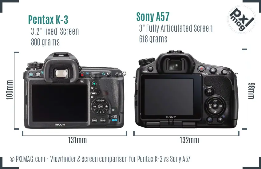 Pentax K-3 vs Sony A57 Screen and Viewfinder comparison