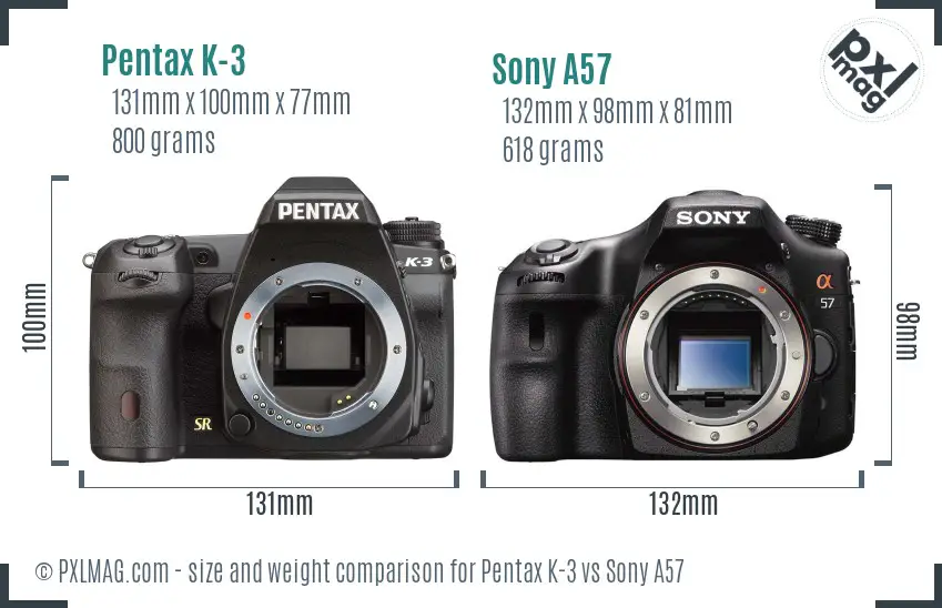 Pentax K-3 vs Sony A57 size comparison