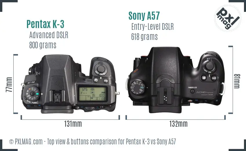 Pentax K-3 vs Sony A57 top view buttons comparison