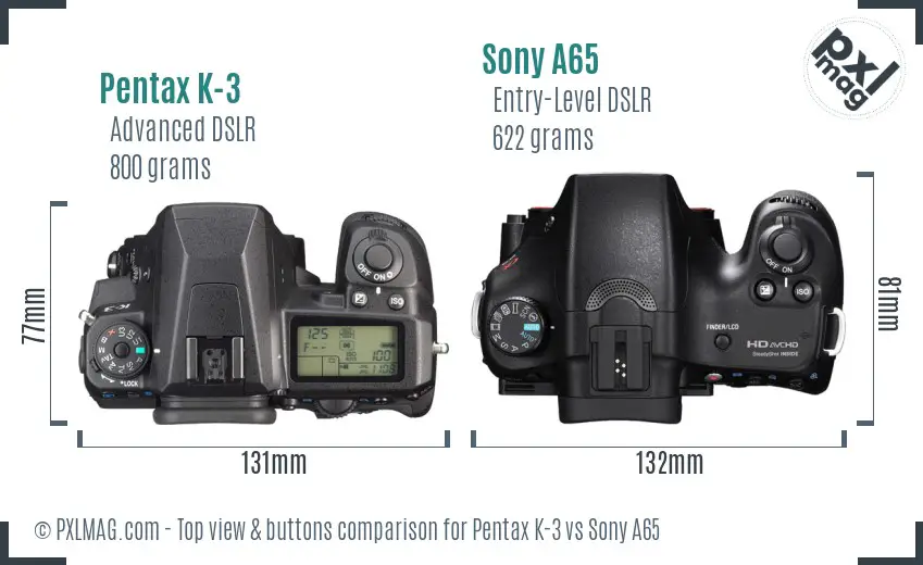 Pentax K-3 vs Sony A65 top view buttons comparison Pentax K-3 vs Sony A65 top view buttons comparison