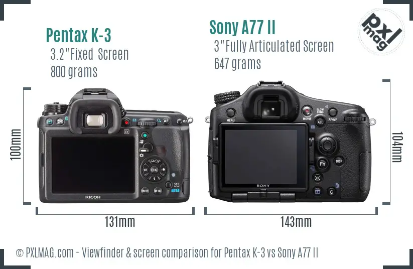 Pentax K-3 vs Sony A77 II Screen and Viewfinder comparison