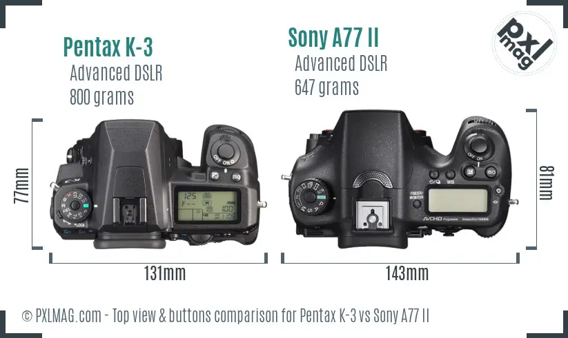 Pentax K-3 vs Sony A77 II top view buttons comparison