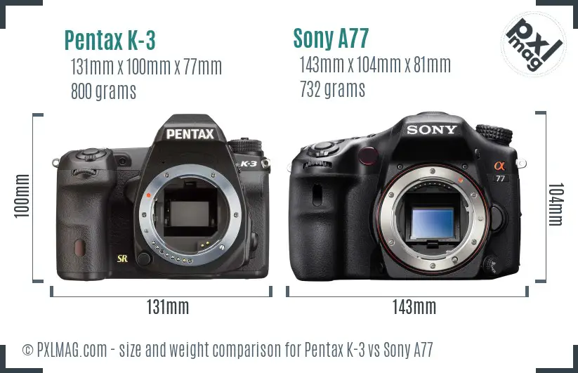 Pentax K-3 vs Sony A77 size comparison