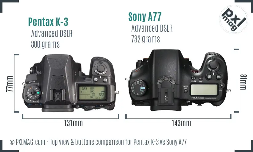 Pentax K-3 vs Sony A77 top view buttons comparison