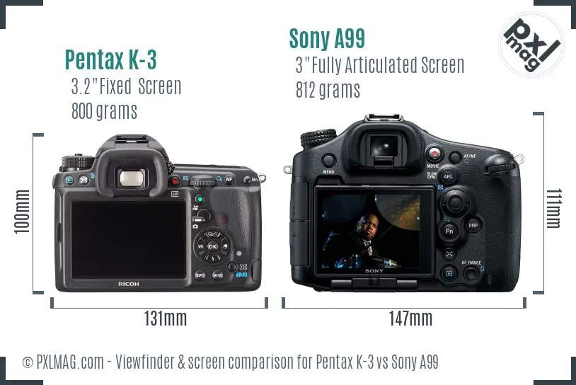 Pentax K-3 vs Sony A99 Screen and Viewfinder comparison